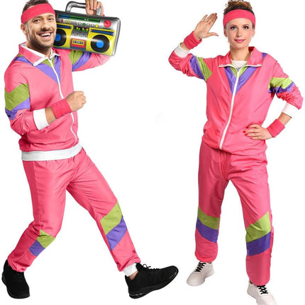 80s Fashion Height Shell Jacket Costume, 80s Fancy Dress Men Women with Headband Bracelet, 1980s Disco Fancy Dress red-XL.