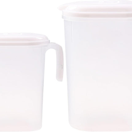 Cooling Water Jug, 1.5L and 2L plastic jug with filter lid, leak-proof for juice or iced tea.