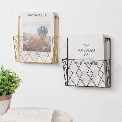 Metal Wall Mounted Newspaper Rack, Magazine Storage Organizer - Gold, Compatible with Standard Sizes.