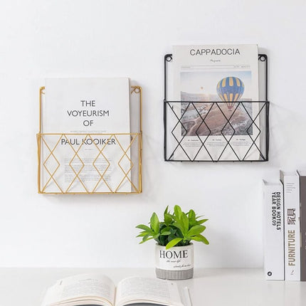 Metal Wall Mounted Newspaper Rack, Magazine Storage Organizer - Gold, Compatible with Standard Sizes.