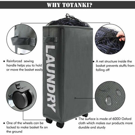 22"" Narrow Rolling Laundry Hamper with Handle and Wheels, Collapsible Laundry Hamper, Foldable Laundry Sorter and Organizer, Large Storage Basket (Gray).