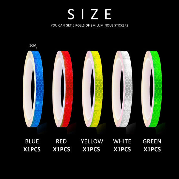 Reflective Stickers for Bicycle, Color Reflective Tape, Self-Adhesive Safety Tape, Waterproof Warning Tape (1cm*8m).