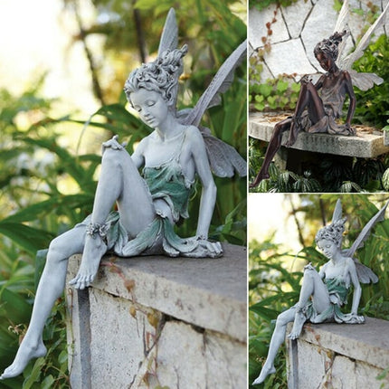 Resin Sitting Fairy Statue Garden Ornament Porch Sculpture White.