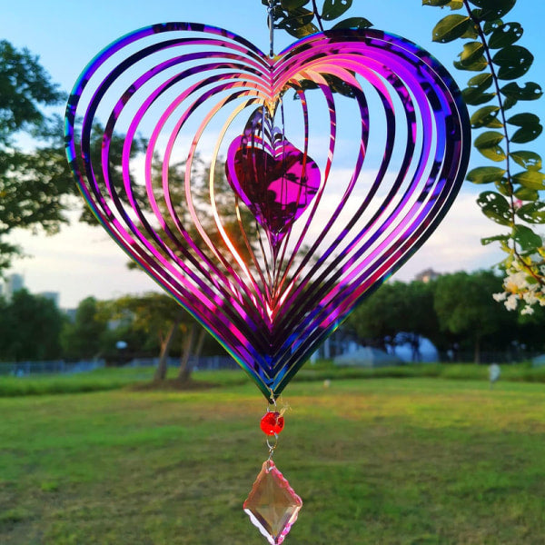 Metal wind chime, hanging garden decoration, stainless steel, heart pattern, spin with 360° rotating hook, 37x20 cm.