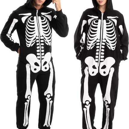 Unisex Skeleton Onesie Pajamas Plush Skeleton Jumpsuit Zipper Halloween Hoodie Pajamas for Adults Sleepwear Costume Black L.