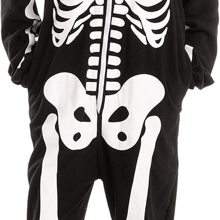 Unisex Skeleton Onesie Pajamas Plush Skeleton Jumpsuit Zipper Halloween Hoodie Pajamas for Adults Sleepwear Costume Black L.