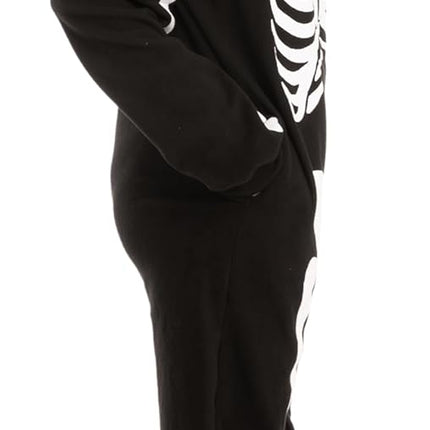 Unisex Skeleton Onesie Pajamas Plush Skeleton Jumpsuit Zipper Halloween Hoodie Pajamas for Adults Sleepwear Costume Black L.