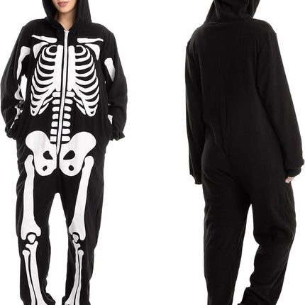Unisex Skeleton Onesie Pajamas Plush Skeleton Jumpsuit Zipper Halloween Hoodie Pajamas for Adults Sleepwear Costume Black L.
