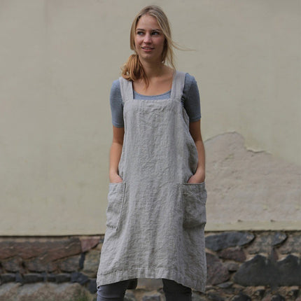Women's Cotton and Linen Apron with Cross Back and Large Pocket, Gray, M.