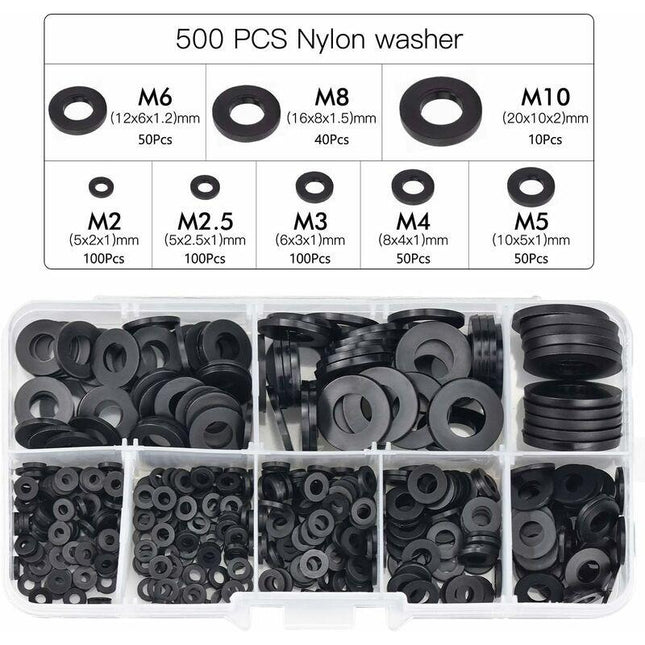 500pcs Black Plastic Washers Lock Washers Fasteners, Self-Locking Washer Assortment Mechanical Washer M2.5 M3 M4 M5 M6 M8 M10.
