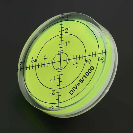Round spirit level, 60mm diameter measuring tool, round vial with scale for balancing camera equipment.