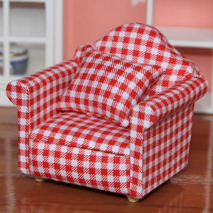 Country style armchair mini sofa dollhouse miniature sofa and set wooden simulation furniture girls' favorite gift Red sunrise check.