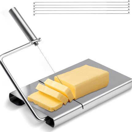 Cheese cutter with wire, cheese cutter for block cheese with 6 replacement wires, stainless steel cheese cutter.