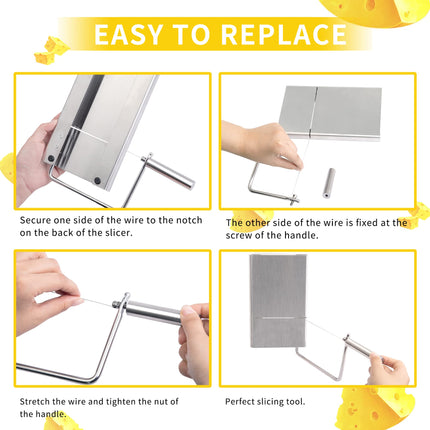 Cheese cutter with wire, cheese cutter for block cheese with 6 replacement wires, stainless steel cheese cutter.