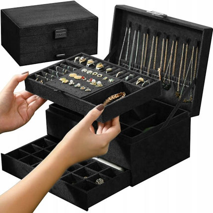 Black Jewelry Box with Key Lock and Multiple Compartments Black—yux.