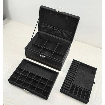 Black Jewelry Box with Key Lock and Multiple Compartments Black—yux.