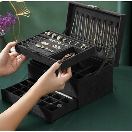 Black Jewelry Box with Key Lock and Multiple Compartments Black—yux.