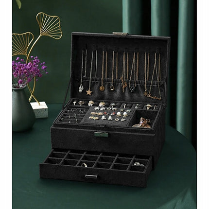 Black Jewelry Box with Key Lock and Multiple Compartments Black—yux.