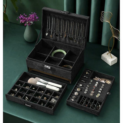Black Jewelry Box with Key Lock and Multiple Compartments Black—yux.