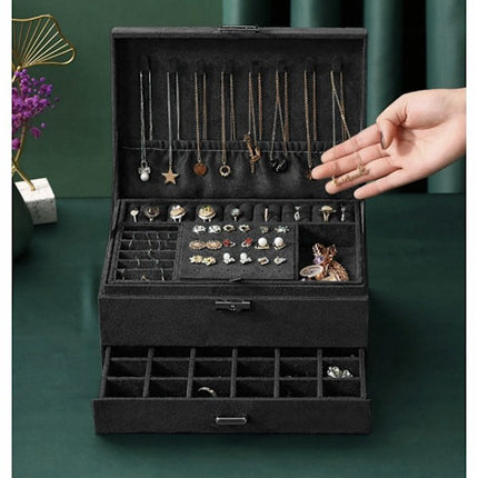 Black Jewelry Box with Key Lock and Multiple Compartments Black—yux.
