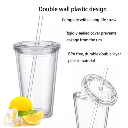 Reusable Plastic Cups Double Walled Transparent Drinking Cup with Straw Reusable Cups Suitable for Fruit Juice-max.