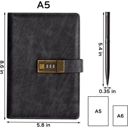 Diary with Lock, A5 PU Leather Journal with Lock, 240 Pages, Vintage Lock Journal Password Protected Notebook with Pen and Gift Box, 22 x 14.7 cm.