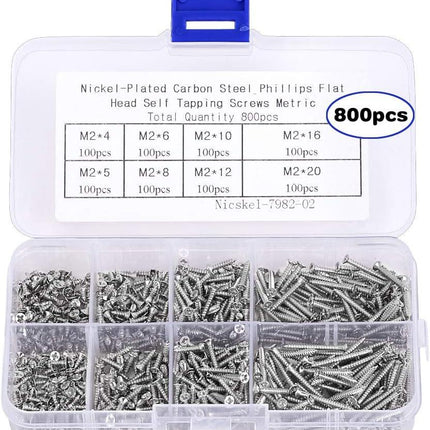 800pcs Small M2 Self Tapping Screws Assortment Box, Countersunk Phillips Flat Head Wood Screws (M2-4mm 5mm 6mm 8mm 10mm 12mm 16mm 20mm).