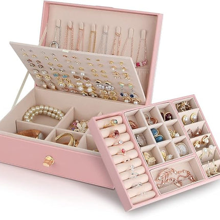 Jewelry Box for Storing Necklaces, Earrings, Bracelets and Rings, Large PU Leather with 3 Layers Stackable Jewelry Box, Pink Pink-tfrf Pink.