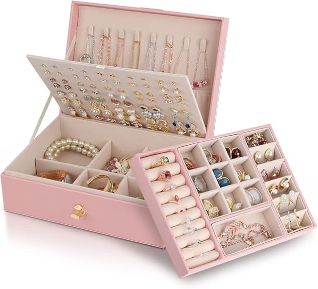 Jewelry Box for Storing Necklaces, Earrings, Bracelets and Rings, Large PU Leather with 3 Layers Stackable Jewelry Box, Pink Pink-tfrf Pink.