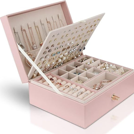 Jewelry Box for Storing Necklaces, Earrings, Bracelets and Rings, Large PU Leather with 3 Layers Stackable Jewelry Box, Pink Pink-tfrf Pink.