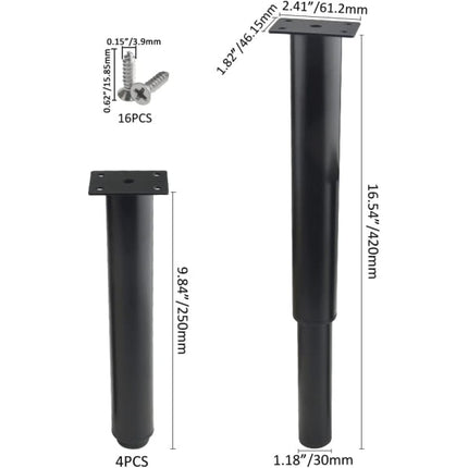 (25-42 cm, black) Set of 4 sturdy adjustable metal furniture legs.