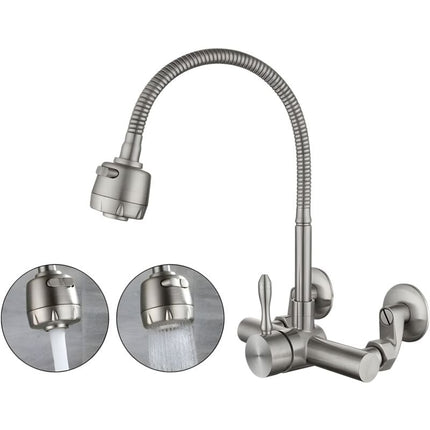 Wall Mounted Kitchen Faucet, Food Grade 304 Stainless Steel Material, 360° Rotatable Wall Mounted Kitchen Faucet 12CM-18CM Mounting Hole.