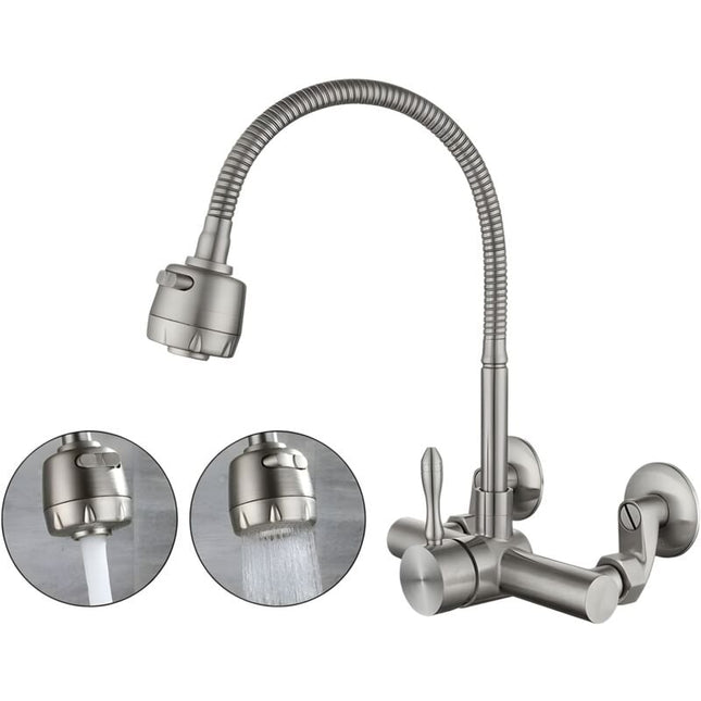 Wall Mounted Kitchen Faucet, Food Grade 304 Stainless Steel Material, 360° Rotatable Wall Mounted Kitchen Faucet 12CM-18CM Mounting Hole.