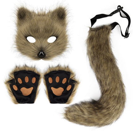 Artificial Fur Fox Tail Cat Werewolf Cosplay Costume Set Plush Mask Fluffy Paws Gloves Halloween Christmas Grass yellow One Size.