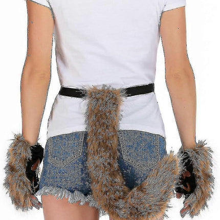 Artificial Fur Fox Tail Cat Werewolf Cosplay Costume Set Plush Mask Fluffy Paws Gloves Halloween Christmas Grass yellow One Size.