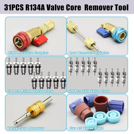 Professional Car AC Repair Kit, Schrader Valve Core Removal Tool with Quick Release for High and Low Pressure R134A Refrigeration Systems.