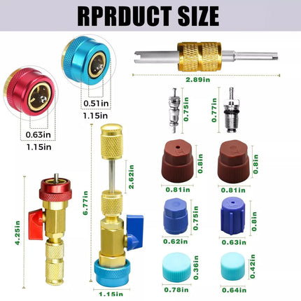 Professional Car AC Repair Kit, Schrader Valve Core Removal Tool with Quick Release for High and Low Pressure R134A Refrigeration Systems.