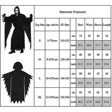 5-14 Years Children Halloween Scream Cosplay Costume Ghost Children's Fancy Dress With Mask 12-14 Years.
