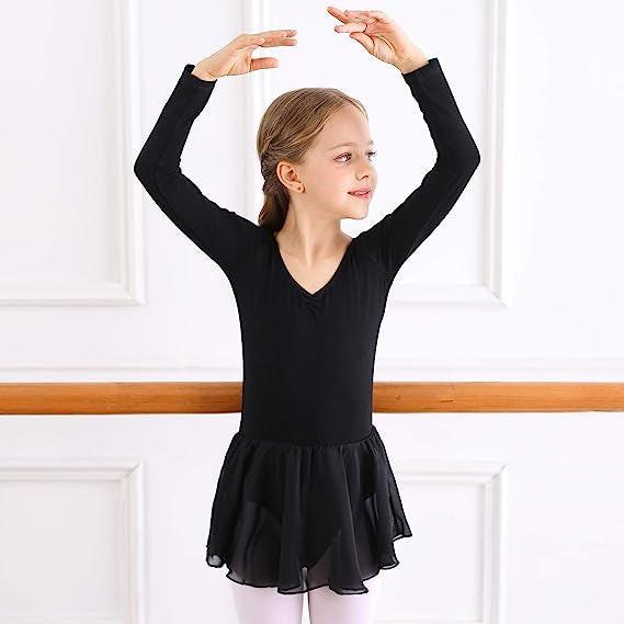 Ballet dress for girls with long sleeves and tulle skirt in black Black_jarx Black 130 cm.
