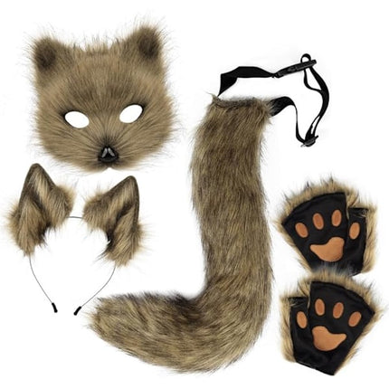 Plush mask with fox tail and ears set, cat tail fox costume cosplay costume with cat ears and paw gloves halloween cosplay green High quality () green.