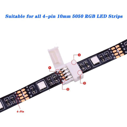 RGB LED Strip Connector Kit 30pcs 4Pin 10mm Solderless for SMD 5050 with 20 Gapless 5L 5T Contacts.