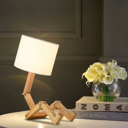 Creative Robot Desk Lamp, Adjustable Can Place Books Wooden Bedside Lamp with Fabric Lampshade E27 Screw for Decorative Lighting [Energy Class A] NPTERBL.