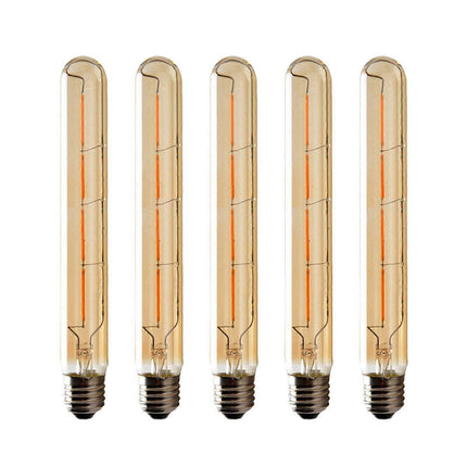 5-pack T225 Long Tube Bulbs, LED Edison Filament, 6W E27 Socket Warm White, Yellow Glass for Decorative Light Bulb, AC 220-240V—yux.