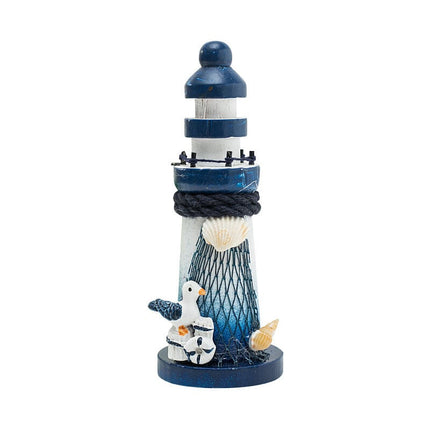 Mini Wooden Lighthouse Decor - Nautical Ornament with Seabird, 10cm - Marine Decoration in Mediterranean Style.