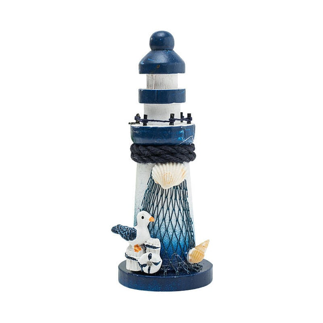 Mini Wooden Lighthouse Decor - Nautical Ornament with Seabird, 10cm - Marine Decoration in Mediterranean Style.