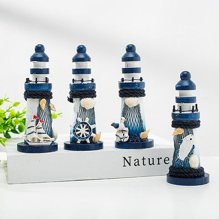 Mini Wooden Lighthouse Decor - Nautical Ornament with Seabird, 10cm - Marine Decoration in Mediterranean Style.