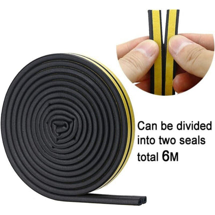 Black 6 meter D-profile Weather Strip, Door and Window Seal with Strong Adhesion, Soundproof and Weatherproof.