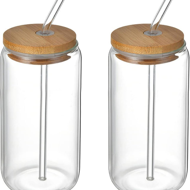 pcs Drinking Glasses with Bamboo Lid and Straw, Beer Can Shaped Iced Coffee Cup for Milk, Coffee, Ice Water, Cocktail (500ml).