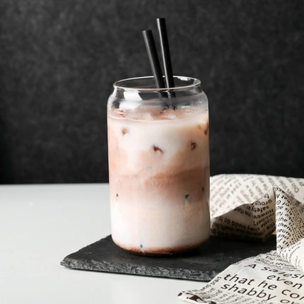 pcs Drinking Glasses with Bamboo Lid and Straw, Beer Can Shaped Iced Coffee Cup for Milk, Coffee, Ice Water, Cocktail (500ml).