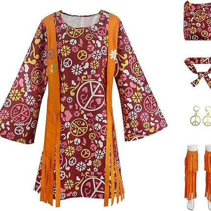 Hippie Disco 70s Costume for Women, Headband, Dress, Ankle Socks, Peace Symbol for Ladies Cosplay Party Orange L Orange L_max Orange L.